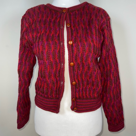 Liz Claiborne Vintage 100% Wool Cable Knit Cardigan, Petite L, Bold Retro - Picture 2 of 13